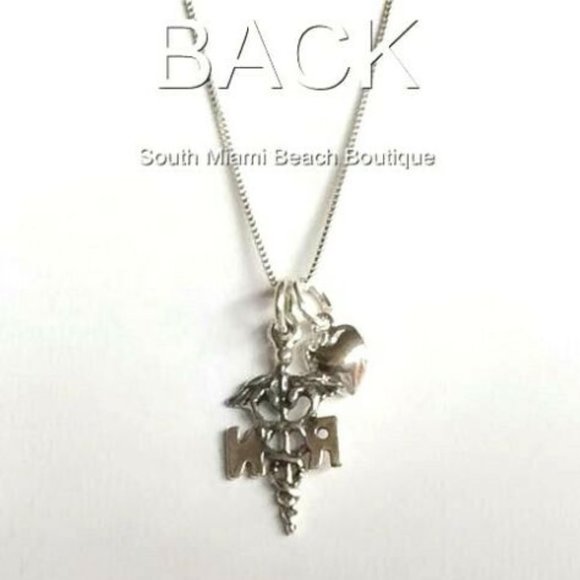 Nursing RN Caduceus Necklace Sterling Silver 925 Puff Heart Graduation Gift - Picture 2 of 12
